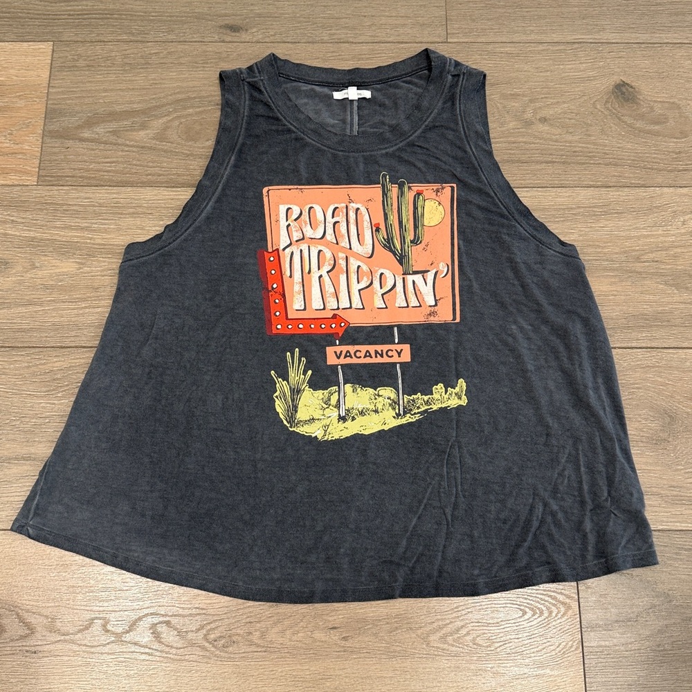 MAURICES Washed Gray Road Trippin’ Cactus Summer Loose Fit Tank Top Size XL